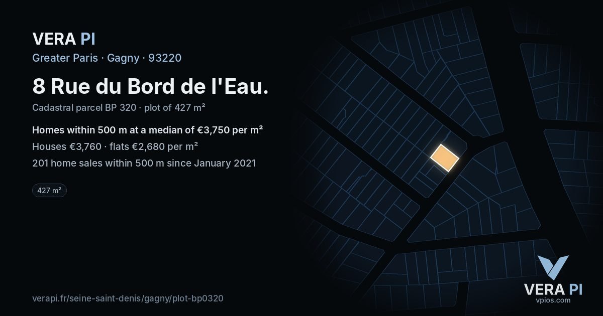 8 Rue du Bord de l'Eau, Gagny at night – the plot lit, the parcels around coloured by the prices near them
