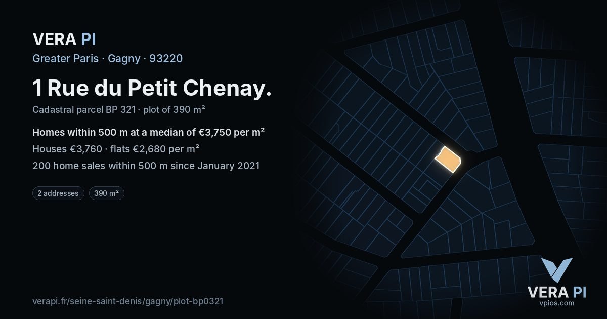 1 Rue du Petit Chenay, Gagny at night – the plot lit, the parcels around coloured by the prices near them