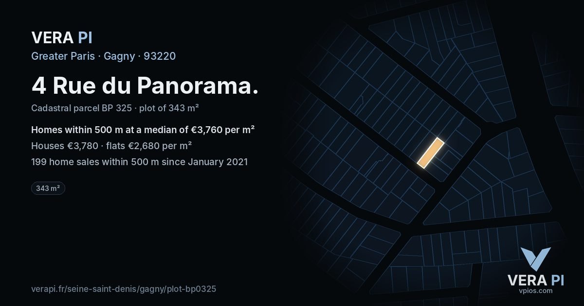 4 Rue du Panorama, Gagny at night – the plot lit, the parcels around coloured by the prices near them