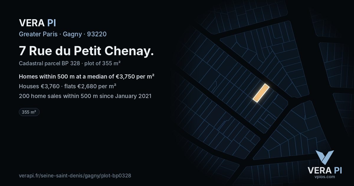 7 Rue du Petit Chenay, Gagny at night – the plot lit, the parcels around coloured by the prices near them