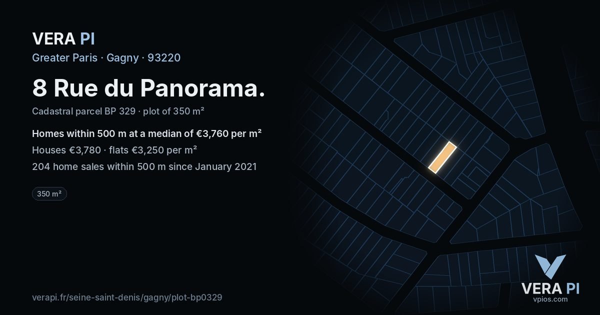 8 Rue du Panorama, Gagny at night – the plot lit, the parcels around coloured by the prices near them