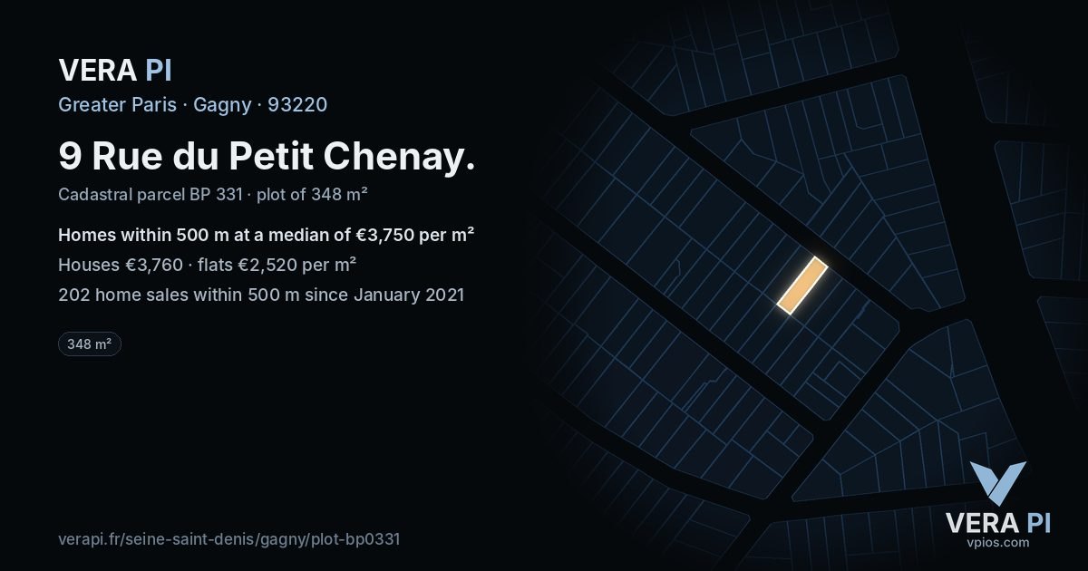 9 Rue du Petit Chenay, Gagny at night – the plot lit, the parcels around coloured by the prices near them