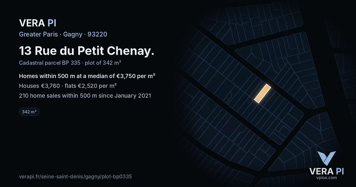 13 Rue du Petit Chenay, Gagny at night – the plot lit, the parcels around coloured by the prices near them