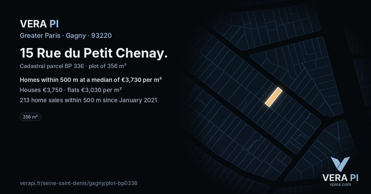 15 Rue du Petit Chenay, Gagny at night – the plot lit, the parcels around coloured by the prices near them