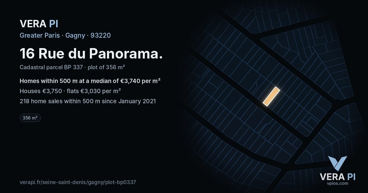 16 Rue du Panorama, Gagny at night – the plot lit, the parcels around coloured by the prices near them