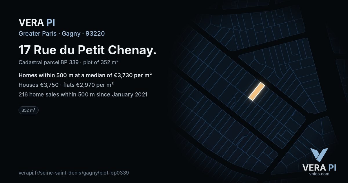17 Rue du Petit Chenay, Gagny at night – the plot lit, the parcels around coloured by the prices near them