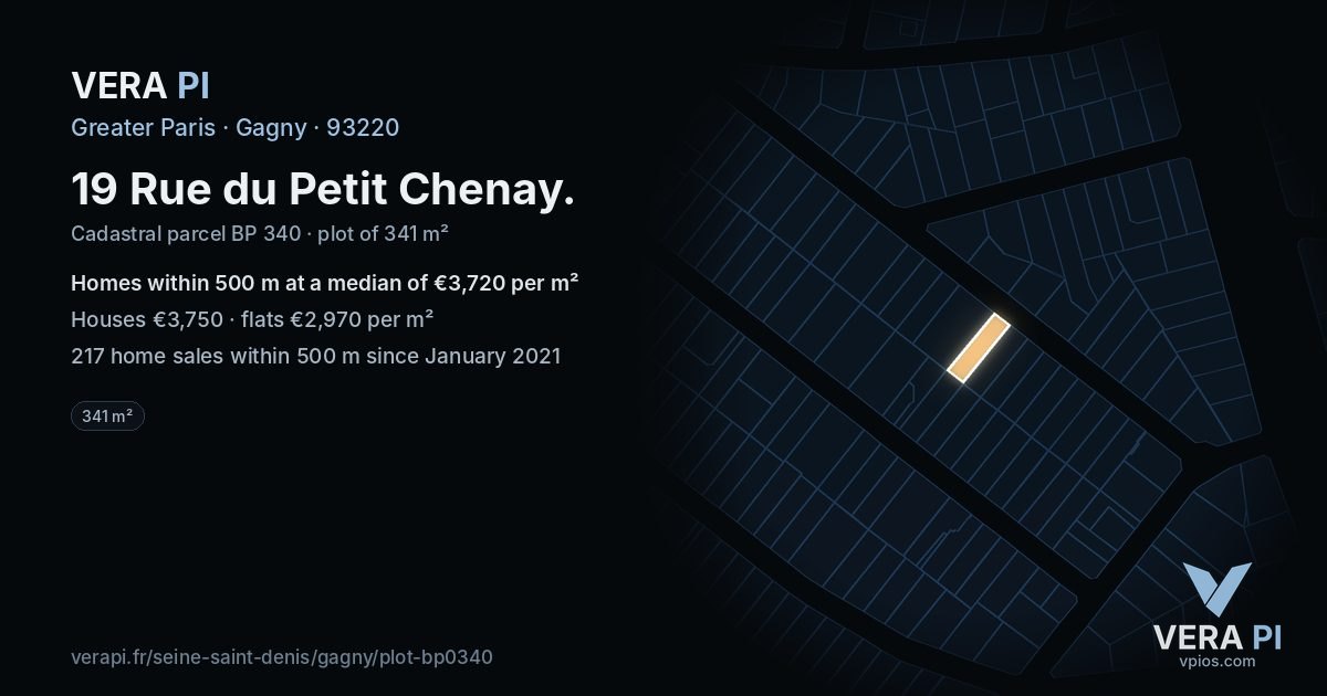 19 Rue du Petit Chenay, Gagny at night – the plot lit, the parcels around coloured by the prices near them