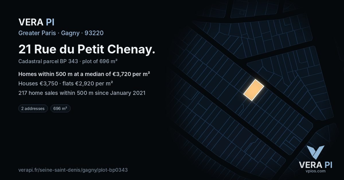 21 Rue du Petit Chenay, Gagny at night – the plot lit, the parcels around coloured by the prices near them