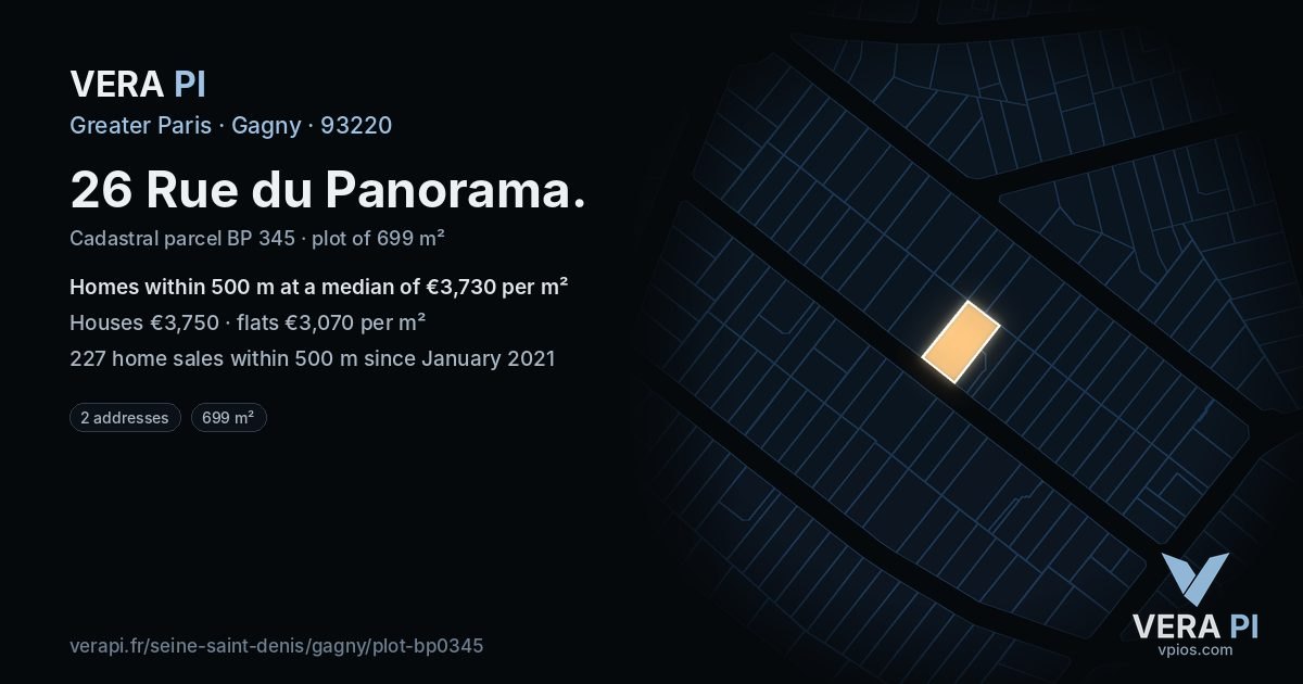 26 Rue du Panorama, Gagny at night – the plot lit, the parcels around coloured by the prices near them