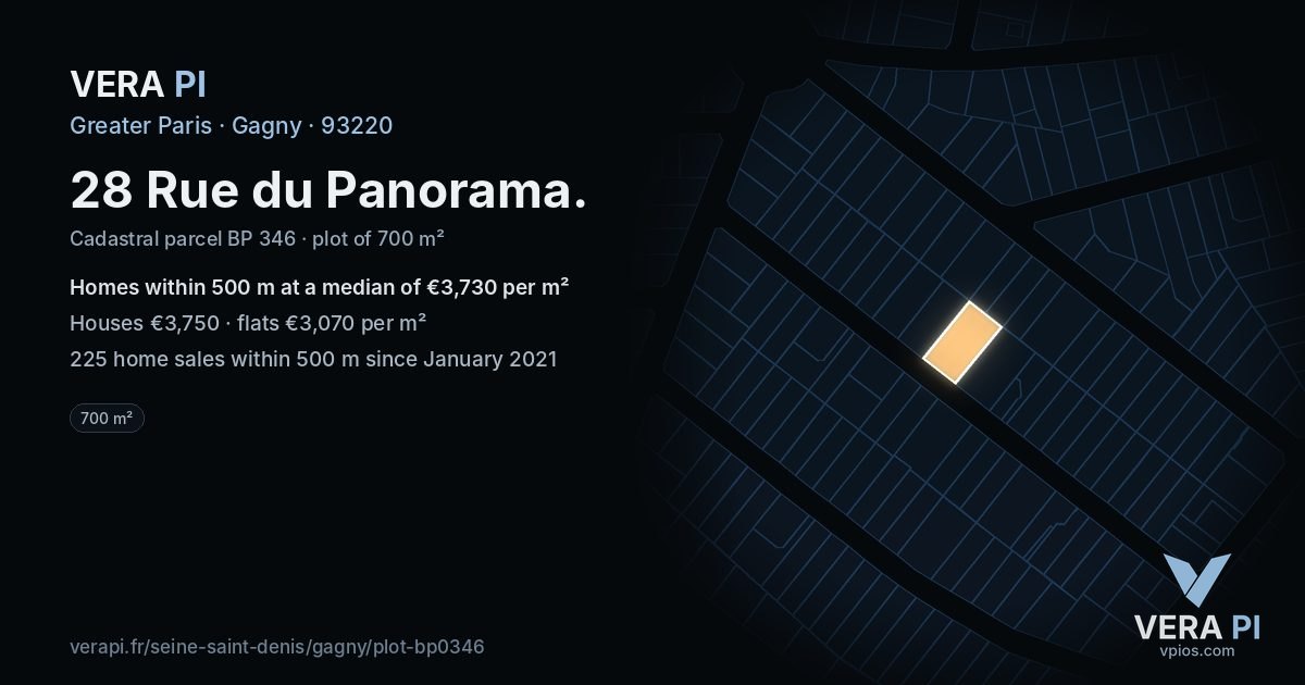 28 Rue du Panorama, Gagny at night – the plot lit, the parcels around coloured by the prices near them