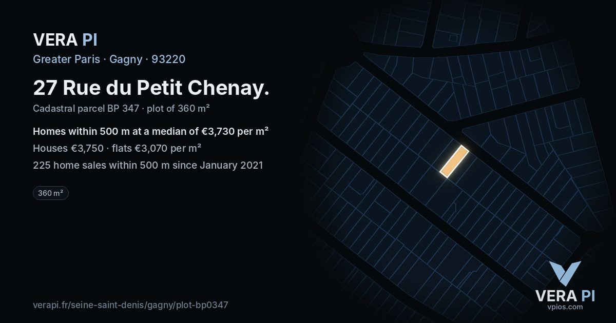 27 Rue du Petit Chenay, Gagny at night – the plot lit, the parcels around coloured by the prices near them