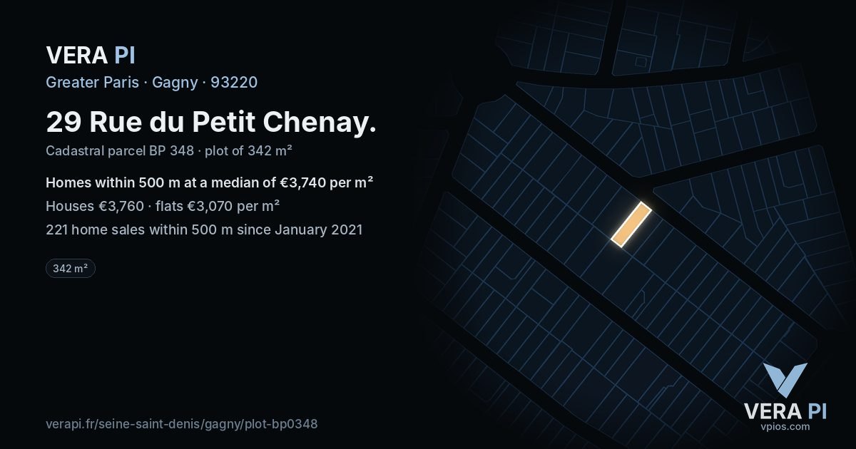 29 Rue du Petit Chenay, Gagny at night – the plot lit, the parcels around coloured by the prices near them