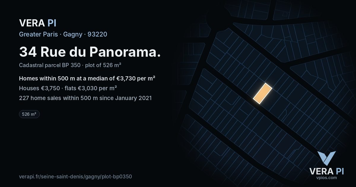 34 Rue du Panorama, Gagny at night – the plot lit, the parcels around coloured by the prices near them