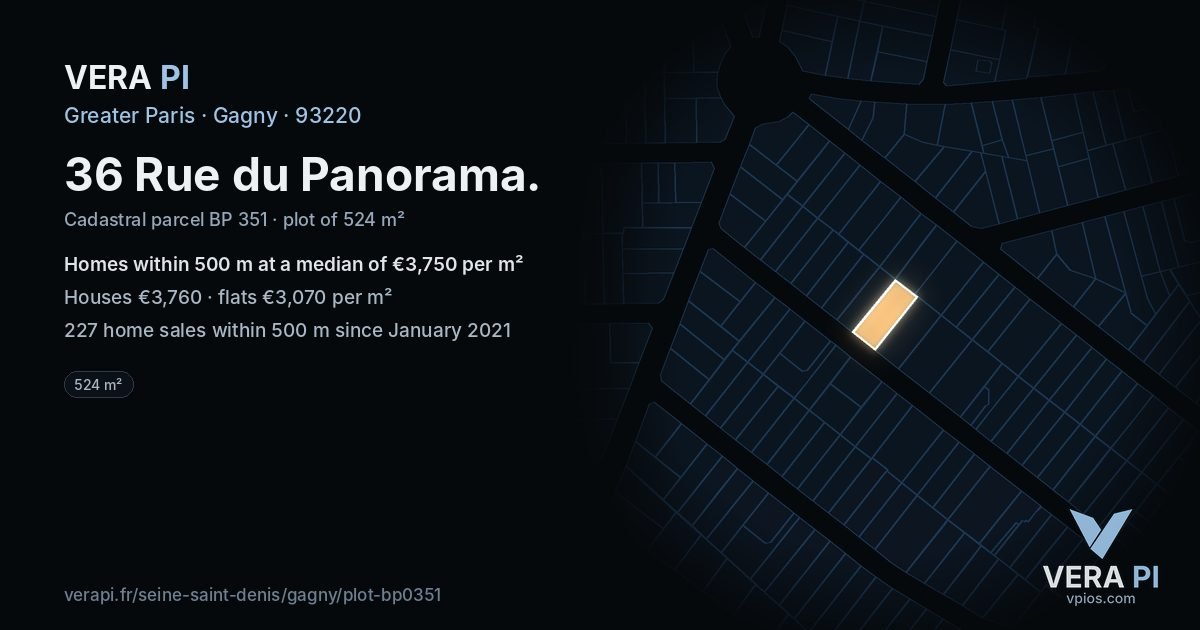 36 Rue du Panorama, Gagny at night – the plot lit, the parcels around coloured by the prices near them