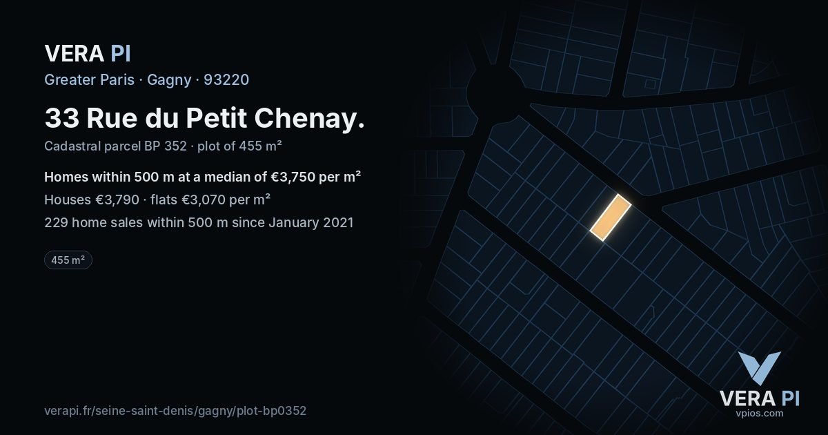 33 Rue du Petit Chenay, Gagny at night – the plot lit, the parcels around coloured by the prices near them