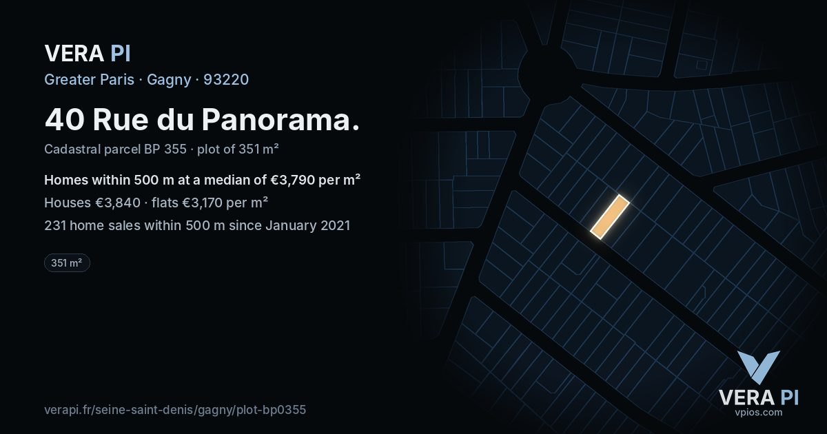 40 Rue du Panorama, Gagny at night – the plot lit, the parcels around coloured by the prices near them