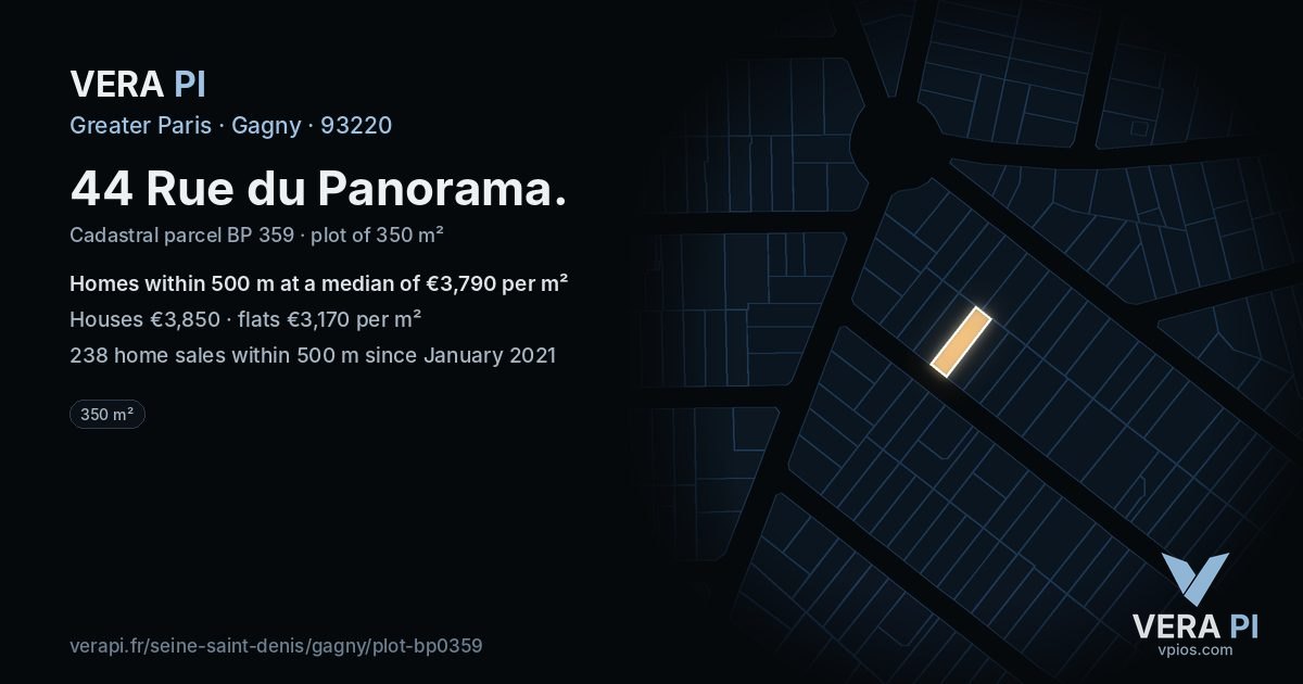 44 Rue du Panorama, Gagny at night – the plot lit, the parcels around coloured by the prices near them