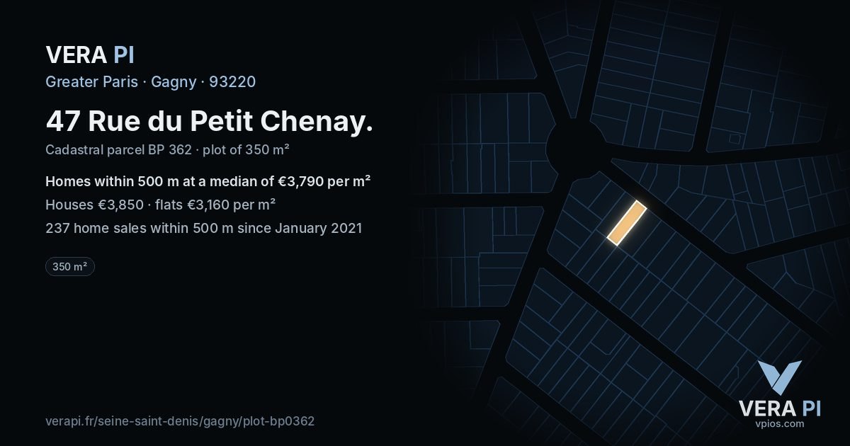 47 Rue du Petit Chenay, Gagny at night – the plot lit, the parcels around coloured by the prices near them