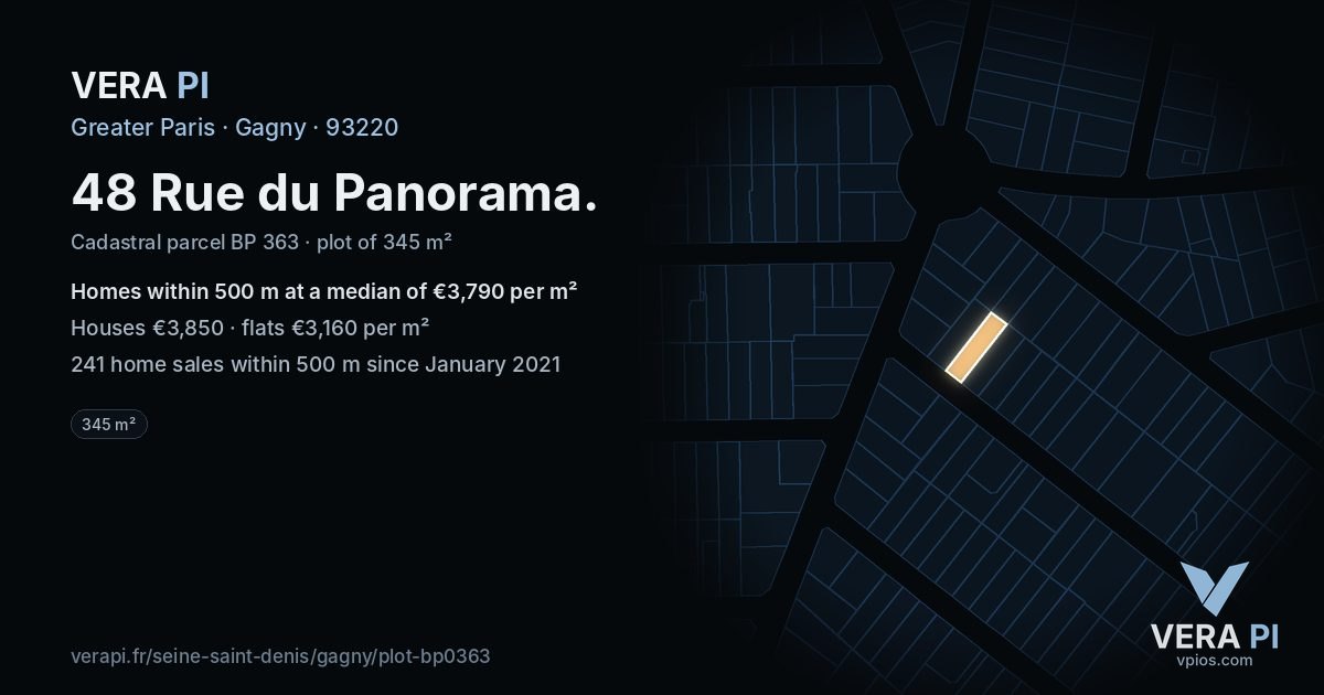 48 Rue du Panorama, Gagny at night – the plot lit, the parcels around coloured by the prices near them