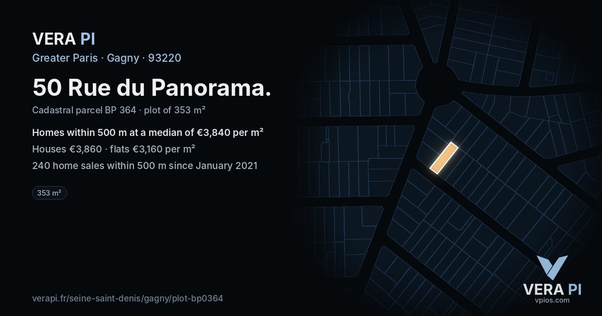 50 Rue du Panorama, Gagny at night – the plot lit, the parcels around coloured by the prices near them