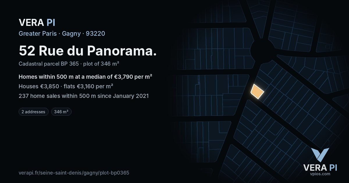 52 Rue du Panorama, Gagny at night – the plot lit, the parcels around coloured by the prices near them