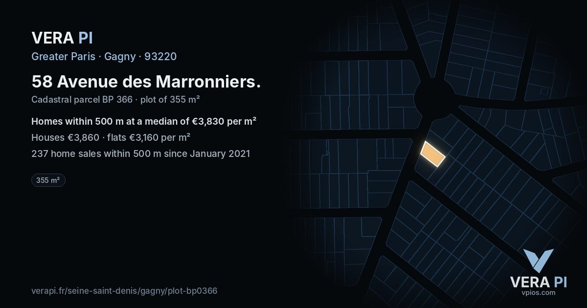 58 Avenue des Marronniers, Gagny at night – the plot lit, the parcels around coloured by the prices near them