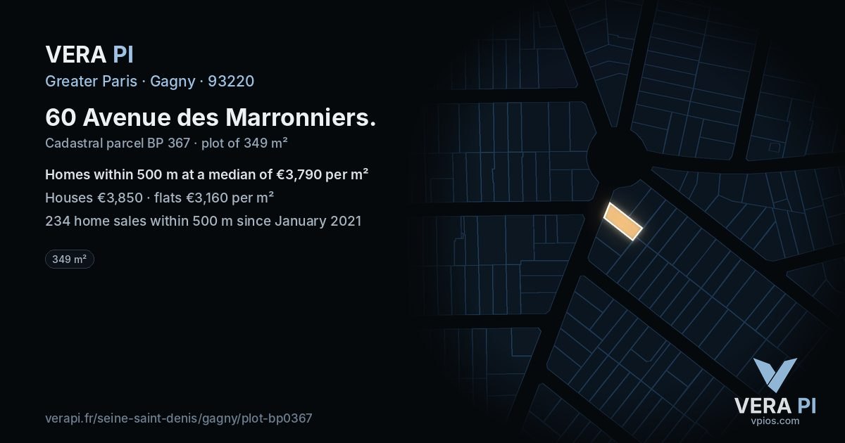 60 Avenue des Marronniers, Gagny at night – the plot lit, the parcels around coloured by the prices near them