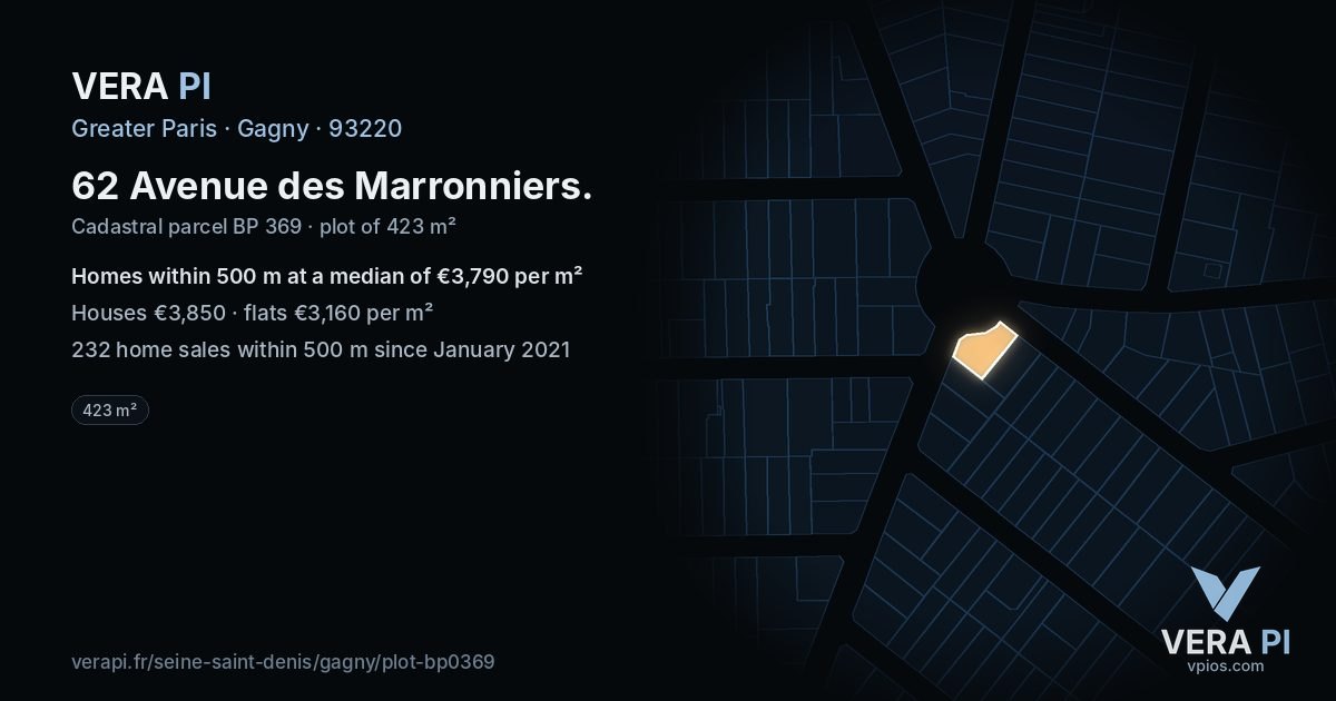 62 Avenue des Marronniers, Gagny at night – the plot lit, the parcels around coloured by the prices near them