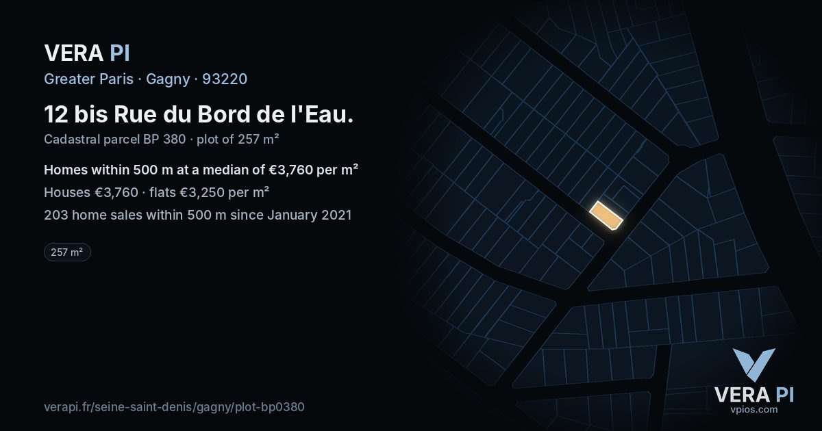 12 bis Rue du Bord de l'Eau, Gagny at night – the plot lit, the parcels around coloured by the prices near them