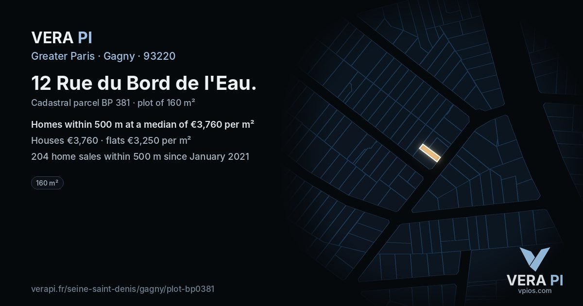 12 Rue du Bord de l'Eau, Gagny at night – the plot lit, the parcels around coloured by the prices near them