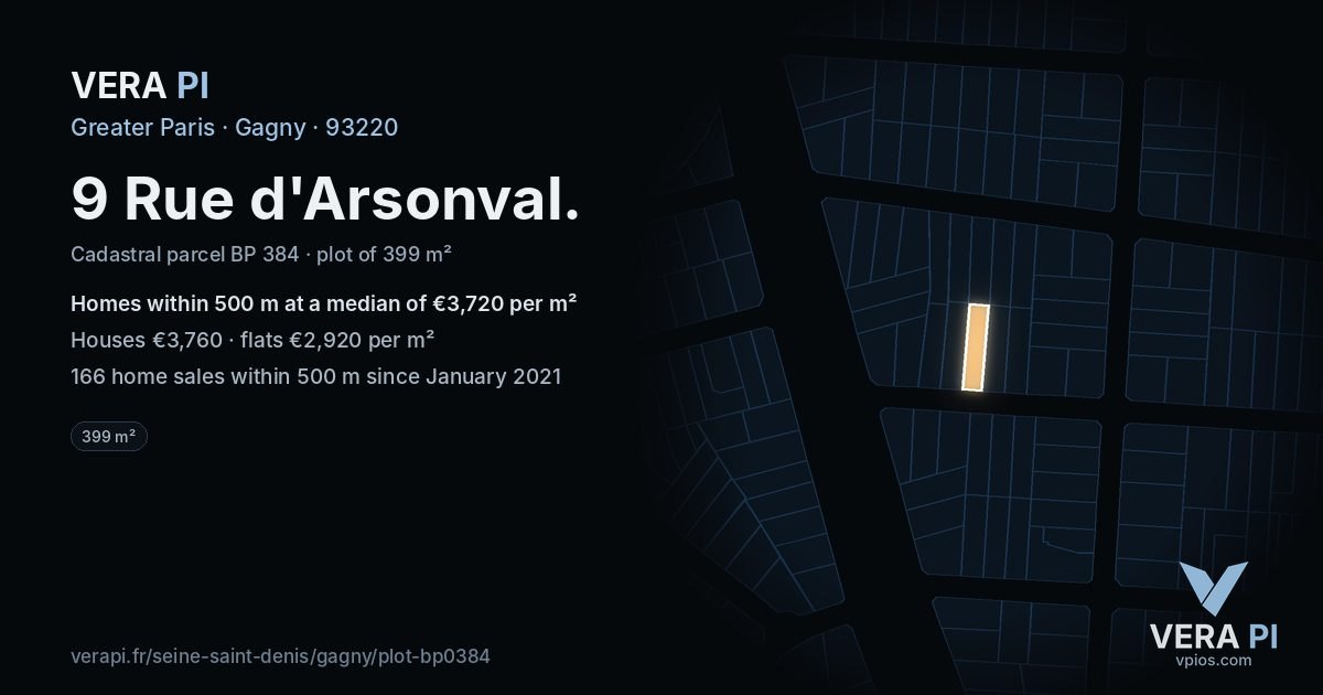 9 Rue d'Arsonval, Gagny at night – the plot lit, the parcels around coloured by the prices near them