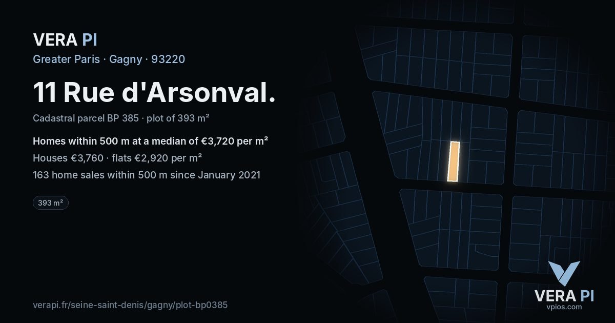 11 Rue d'Arsonval, Gagny at night – the plot lit, the parcels around coloured by the prices near them