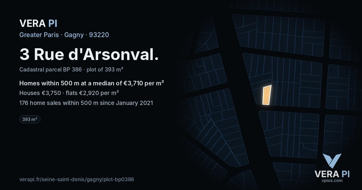3 Rue d'Arsonval, Gagny at night – the plot lit, the parcels around coloured by the prices near them