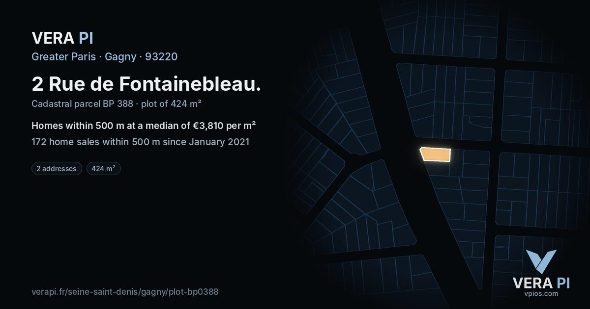 2 Rue de Fontainebleau, Gagny at night – the plot lit, the parcels around coloured by the prices near them