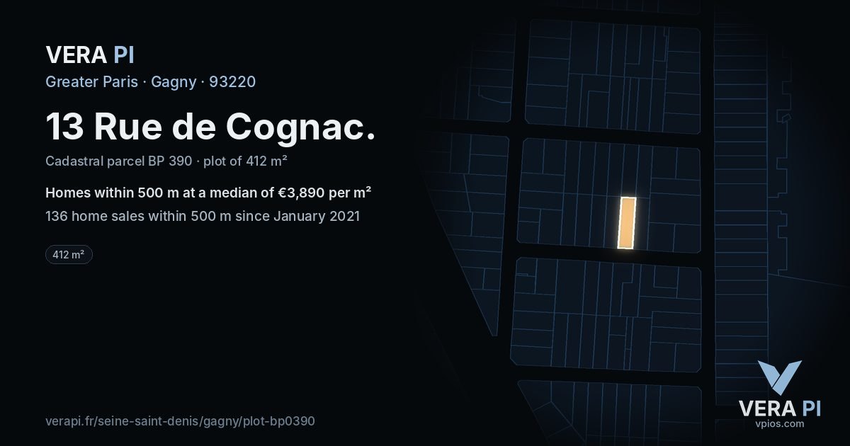 13 Rue de Cognac, Gagny at night – the plot lit, the parcels around coloured by the prices near them