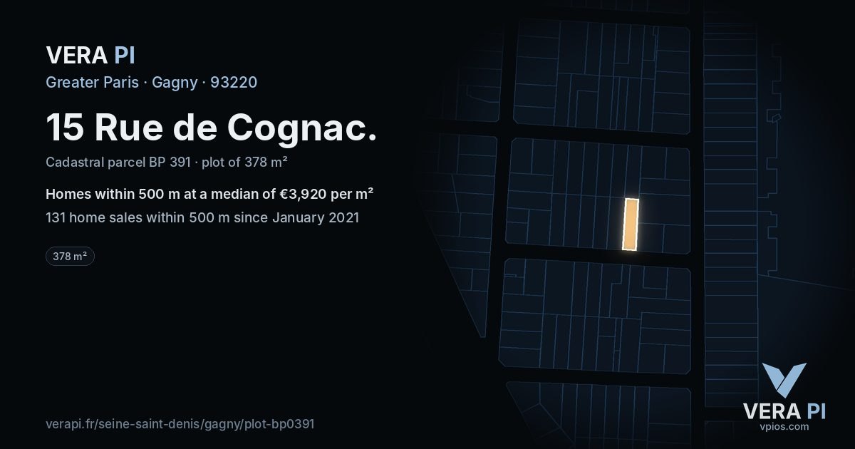 15 Rue de Cognac, Gagny at night – the plot lit, the parcels around coloured by the prices near them