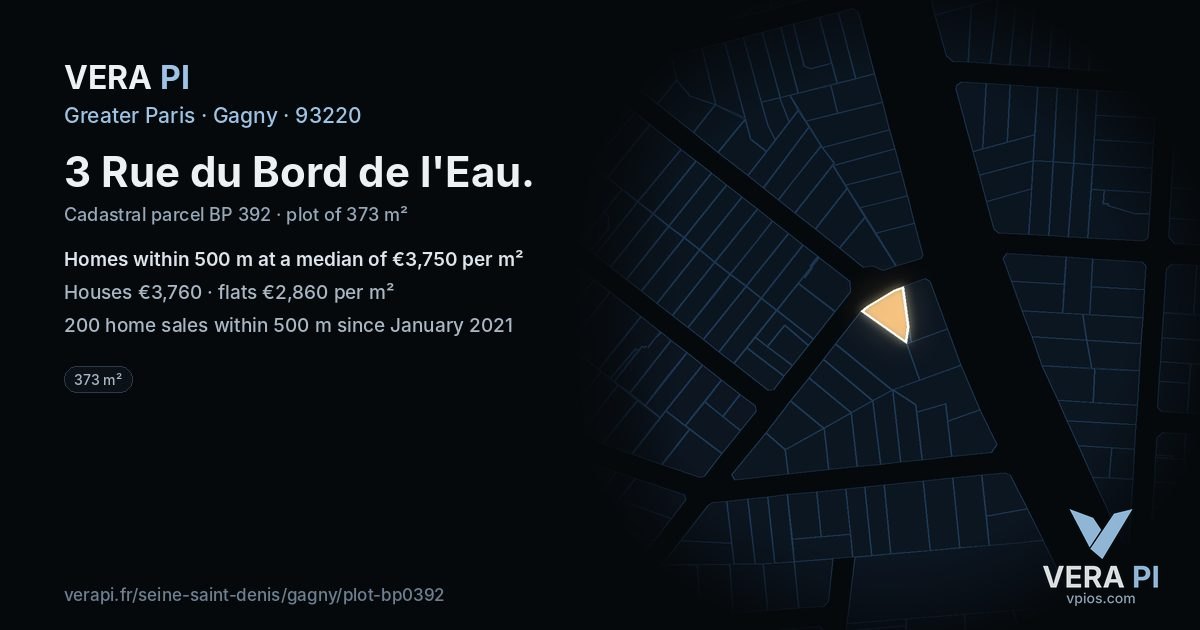 3 Rue du Bord de l'Eau, Gagny at night – the plot lit, the parcels around coloured by the prices near them