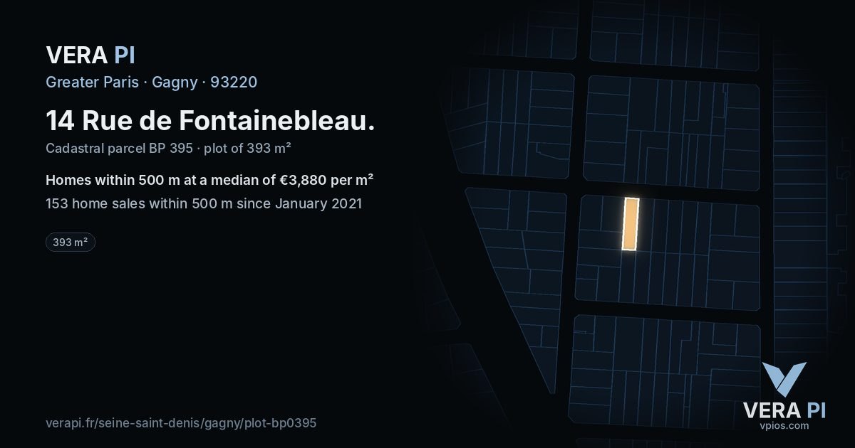 14 Rue de Fontainebleau, Gagny at night – the plot lit, the parcels around coloured by the prices near them