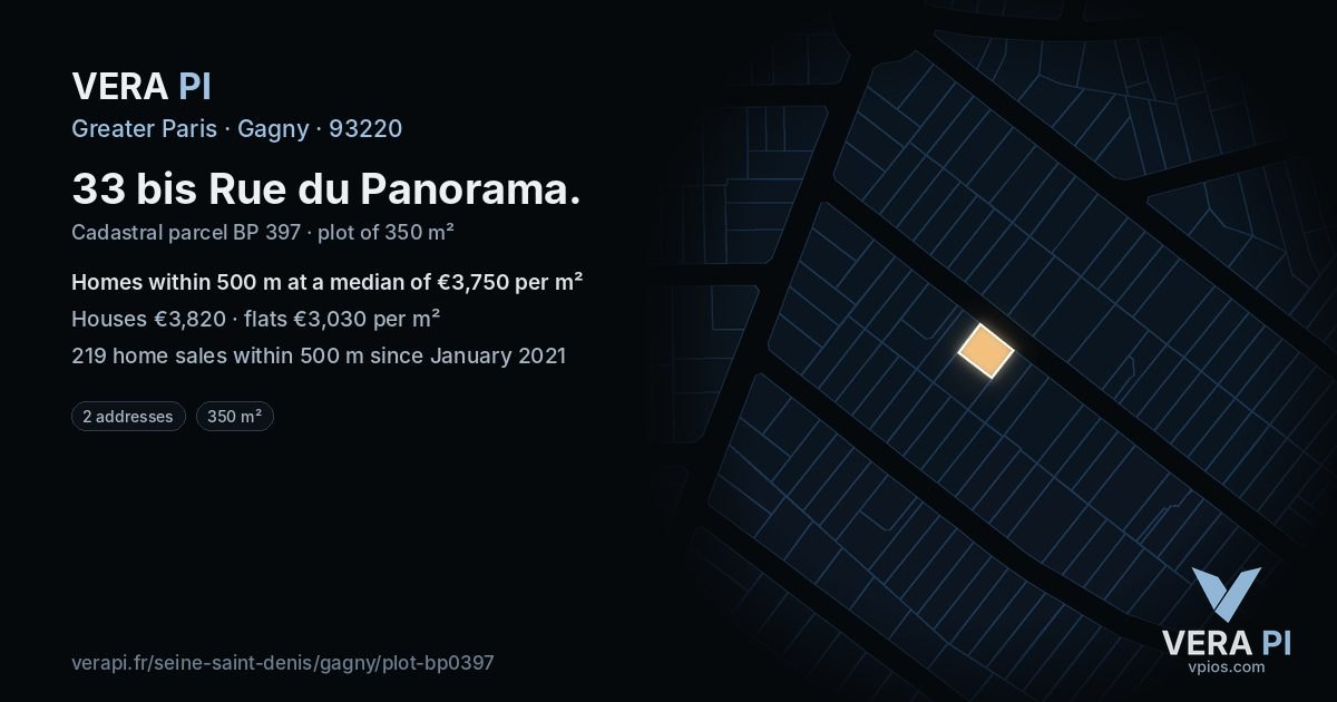 33 bis Rue du Panorama, Gagny at night – the plot lit, the parcels around coloured by the prices near them