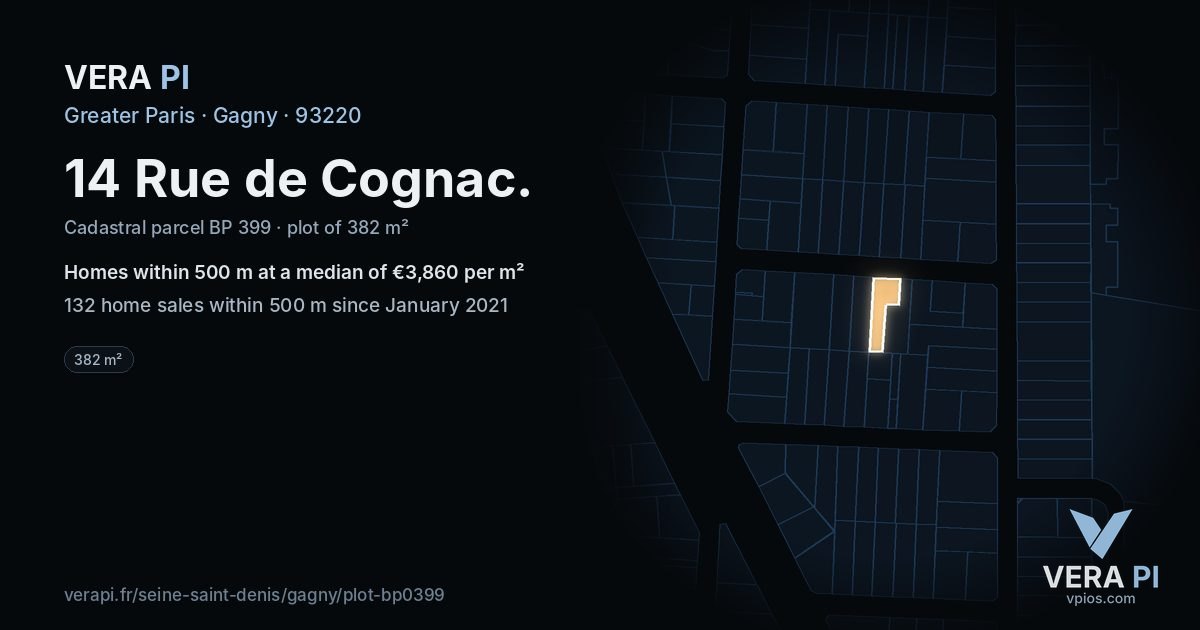 14 Rue de Cognac, Gagny at night – the plot lit, the parcels around coloured by the prices near them