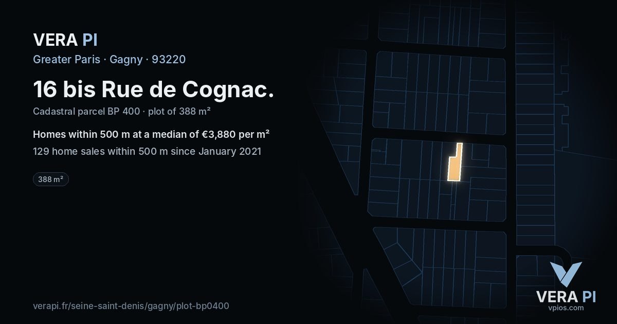 16 bis Rue de Cognac, Gagny at night – the plot lit, the parcels around coloured by the prices near them