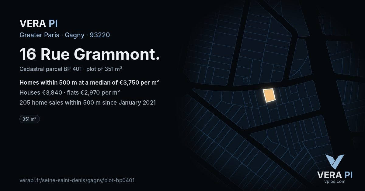 16 Rue Grammont, Gagny at night – the plot lit, the parcels around coloured by the prices near them