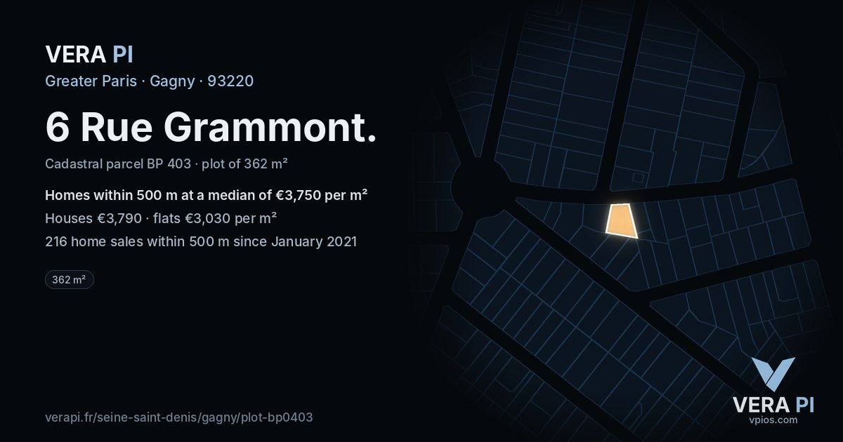 6 Rue Grammont, Gagny at night – the plot lit, the parcels around coloured by the prices near them
