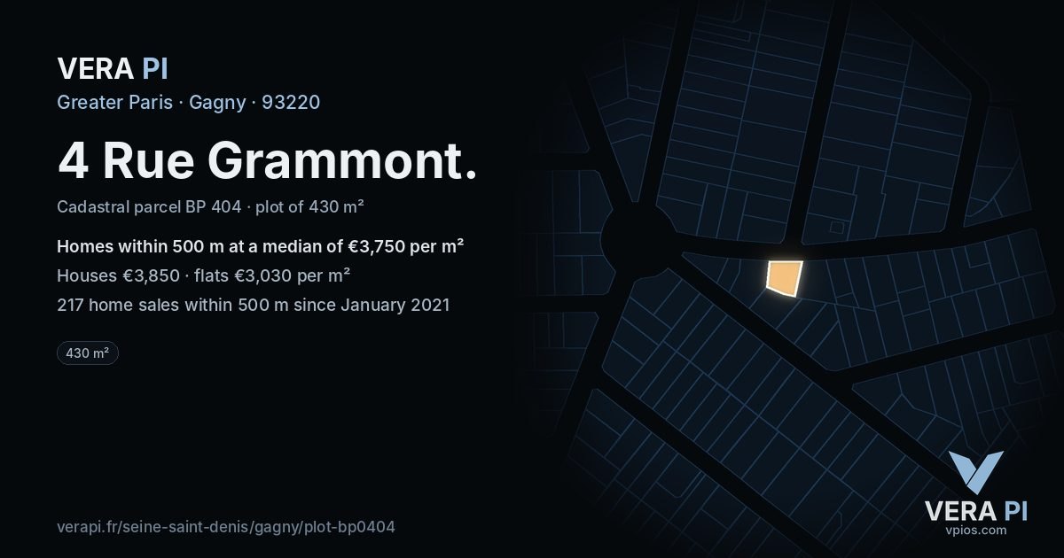 4 Rue Grammont, Gagny at night – the plot lit, the parcels around coloured by the prices near them