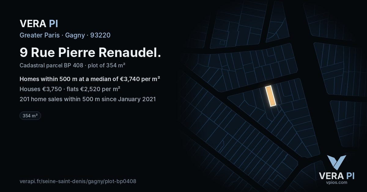 9 Rue Pierre Renaudel, Gagny at night – the plot lit, the parcels around coloured by the prices near them