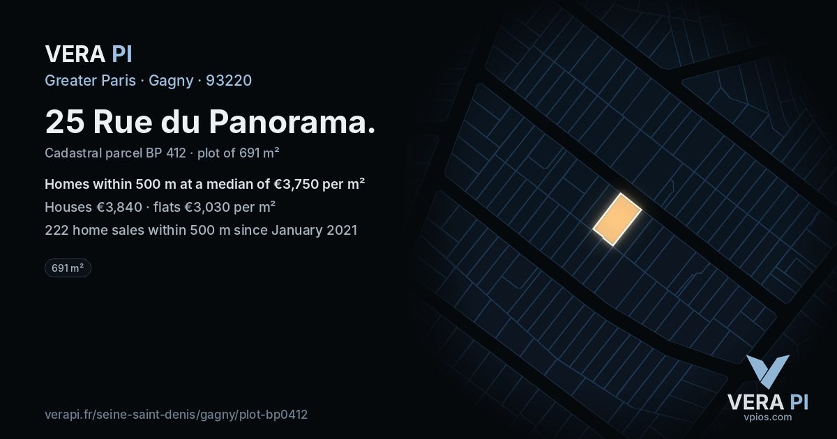 25 Rue du Panorama, Gagny at night – the plot lit, the parcels around coloured by the prices near them