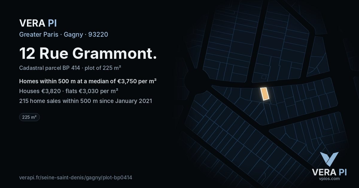 12 Rue Grammont, Gagny at night – the plot lit, the parcels around coloured by the prices near them