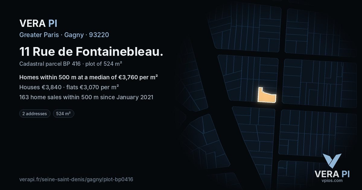 11 Rue de Fontainebleau, Gagny at night – the plot lit, the parcels around coloured by the prices near them