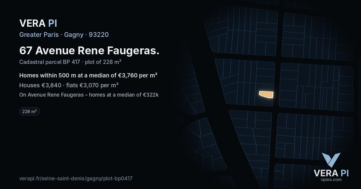 67 Avenue Rene Faugeras, Gagny at night – the plot lit, the parcels around coloured by the prices near them
