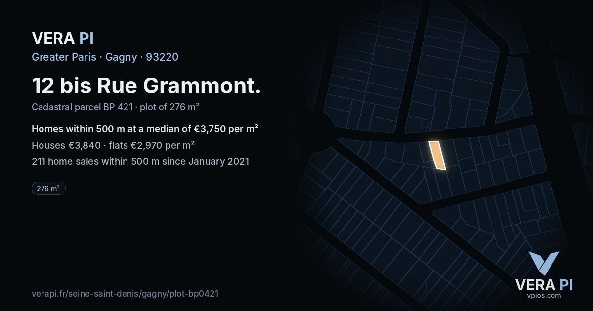 12 bis Rue Grammont, Gagny at night – the plot lit, the parcels around coloured by the prices near them
